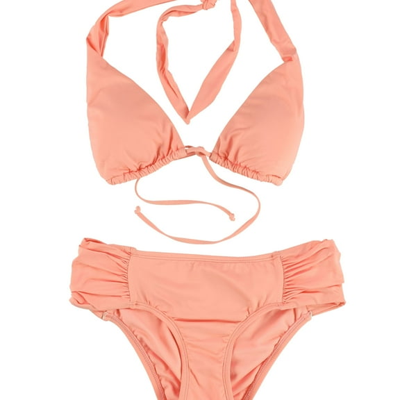 bar III Womens Halter Ruched 2 Piece Bikini, Orange, X-Small