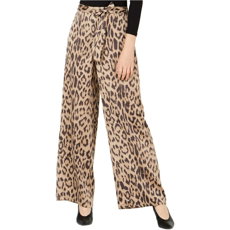 bar III Womens Leopard Print Casual Wide Leg Pants, Brown, 10