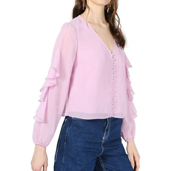 bar III Womens Ruffle Sleeve Button Down Blouse, Pink, XX-Large