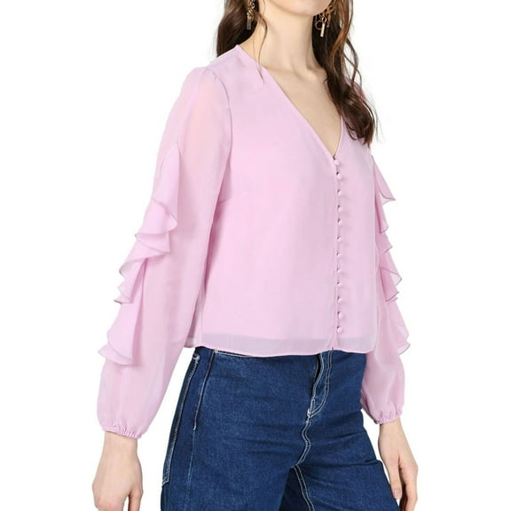 bar III Womens Ruffle Sleeve Button Down Blouse, Pink, XX-Large
