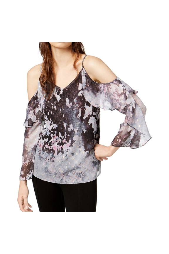 Womens Ruffle-Sleeve Cold Shoulder Blouse, Multicoloured, Small
