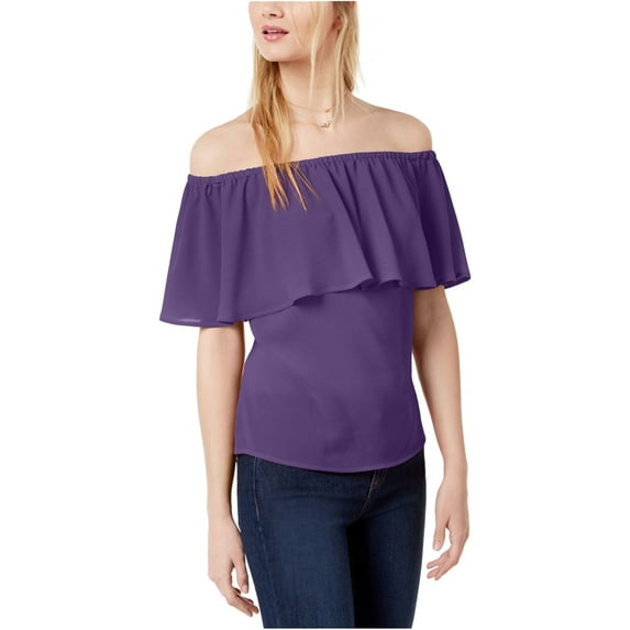 bar III Womens Ruffled Off the Shoulder Blouse, Purple, Medium
