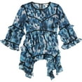 thumbnail image 1 of bar III Womens Ruffled Printed Knit Blouse, Blue, X-Small, 1 of 2