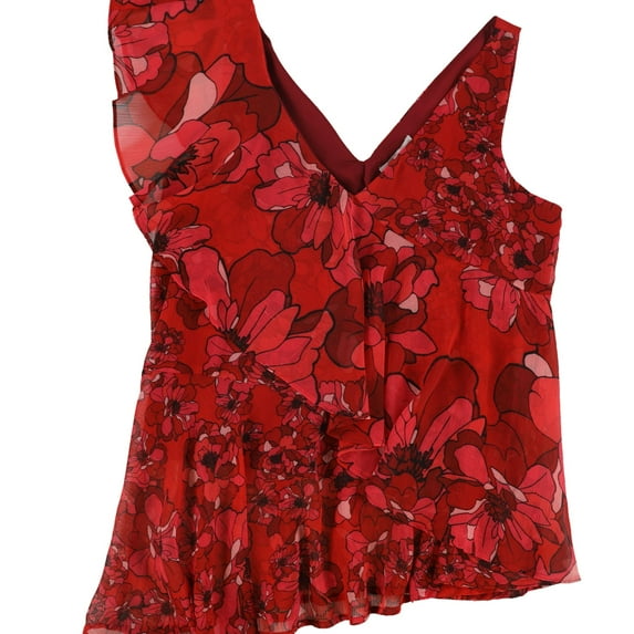 bar III Womens Ruffled Printed Knit Blouse, Red, X-Small