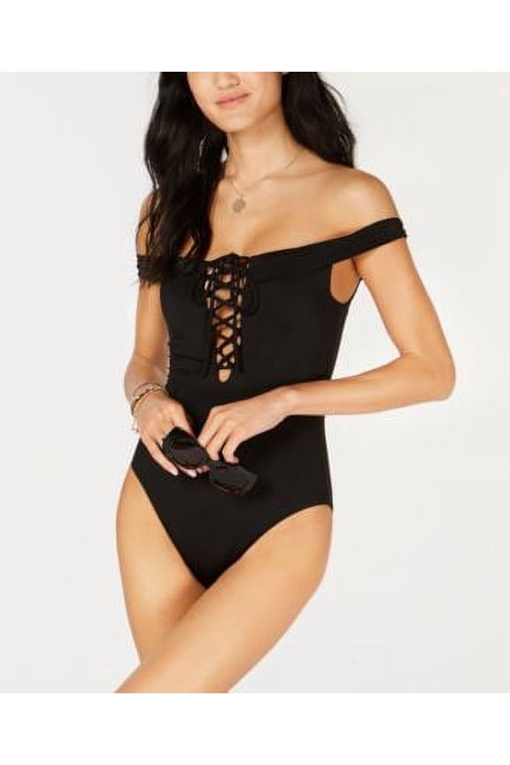 Solid Lace up Off-the-Shoulder One-Piece Swimsuit, Created for Macy's - Black