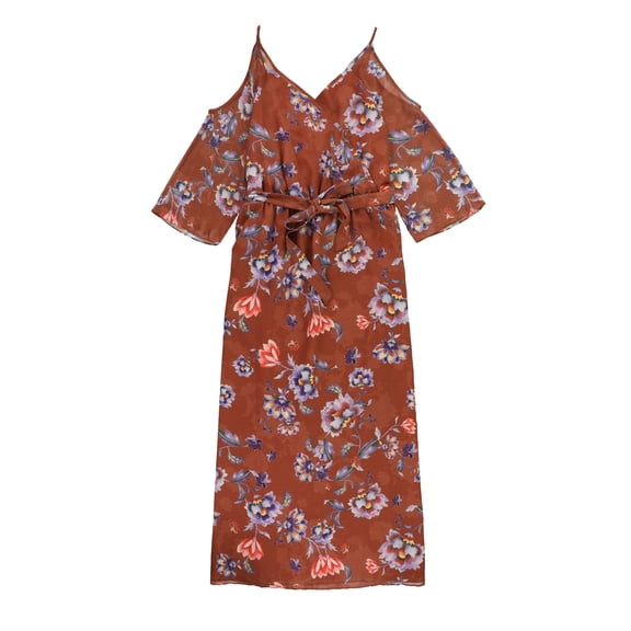 bar III Womens Watercolor Print Wrap Cold Shoulder Dress, Brown, X-Small