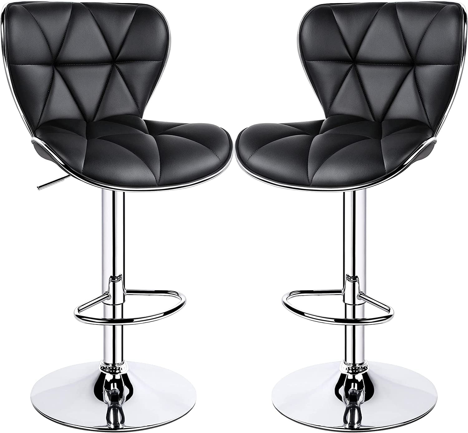 Adjustable Black Leather Swivel Bar Stools with Metal Base, Set of 2