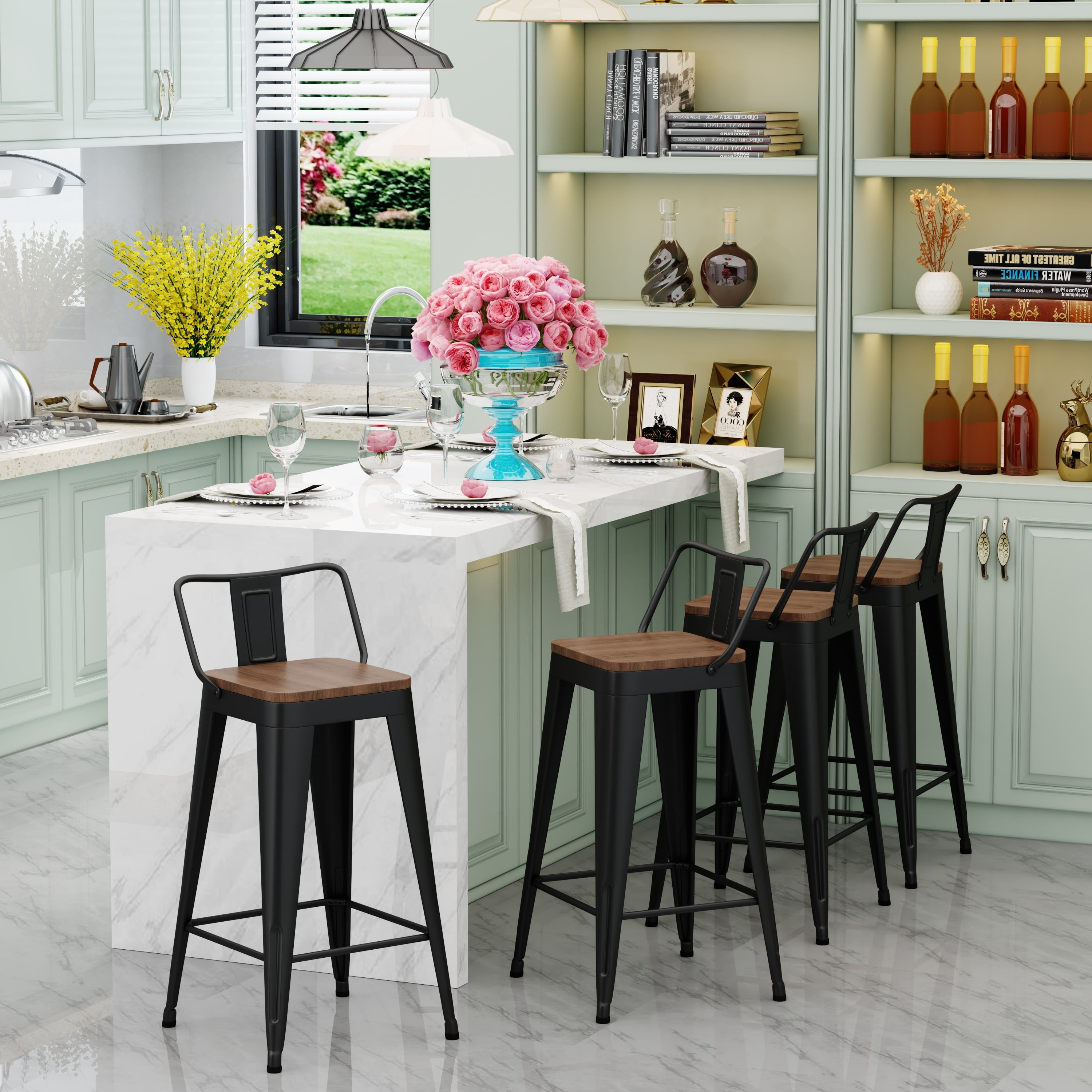 Black Metal and Wood 26" Swivel Backless Bar Stools Set