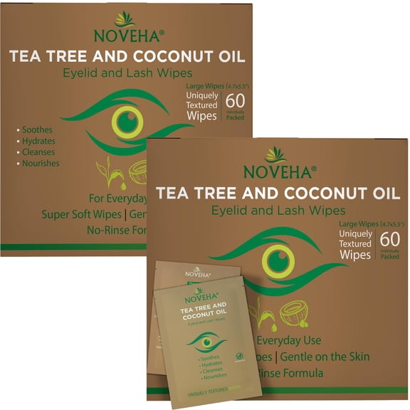 NOVEHA 120PCs Tea Tree & Coconut Oil Eyelid & Lash Wipes - Individually Wrapped Eyelash Wipes With Aloe Vera, Natural Makeup Remover & Daily Eye Cleanser