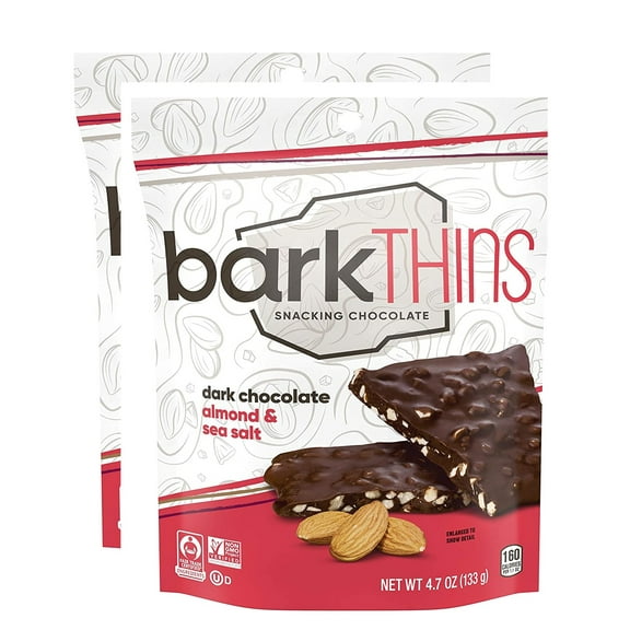 barkthins snacking chocolate| Almond sea salt dark chocolate | thin pieces 4.7oz /133grms Bundle of 2