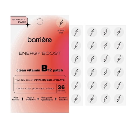 barriere Energy Boost Vitamin B12 + Folate Patch, Black Bolt Print, 36 Count