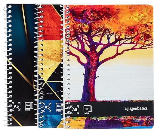 basics Metal Spiral Notebooks A5 Size 160 Sheet | High Bright Paper | Single Ruled | Thick Black Covers | Pack of 3 (Assorted Colours)