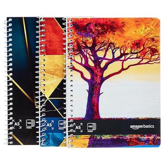 basics Metal Spiral Notebooks A5 Size 160 Sheet | High Bright Paper | Single Ruled | Thick Black Covers | Pack of 3 (Assorted Colours)