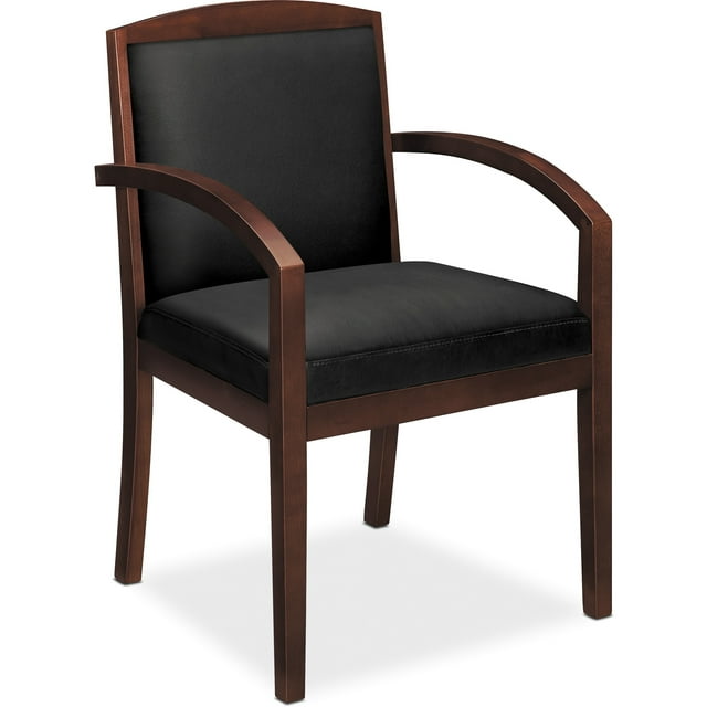 basyx VL850 Series Wood Guest Reception Waiting Room Chair, Black Leather Upholstery w/Mahogany Veneer