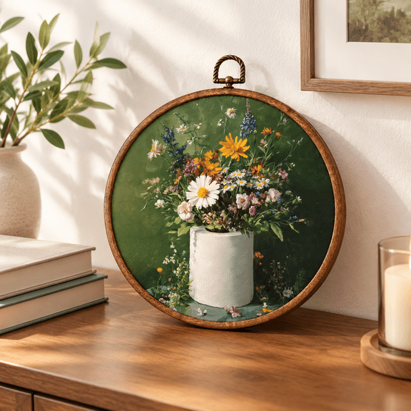bath-1 Retro Dark Green Botanical Round Canvas Wall Art Print 10x10 Inch Home Decor