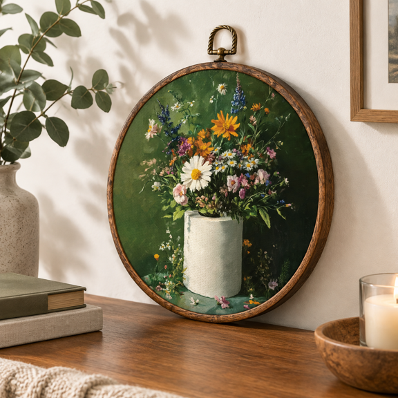 bath-1 Retro Dark Green Botanical Round Framed Canvas Wall Art 10x10 Inch Home Decor