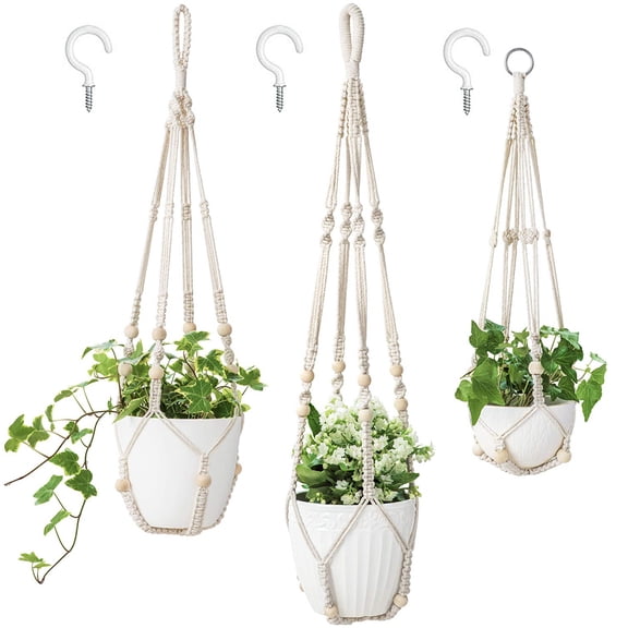 bathprove 3 Pack Macrame Plant Hangers Indoor Different Size Hanging Planter Basket Flower Pot Holder with Beads No Tassels 35"/29"/23", Medium, Ivory