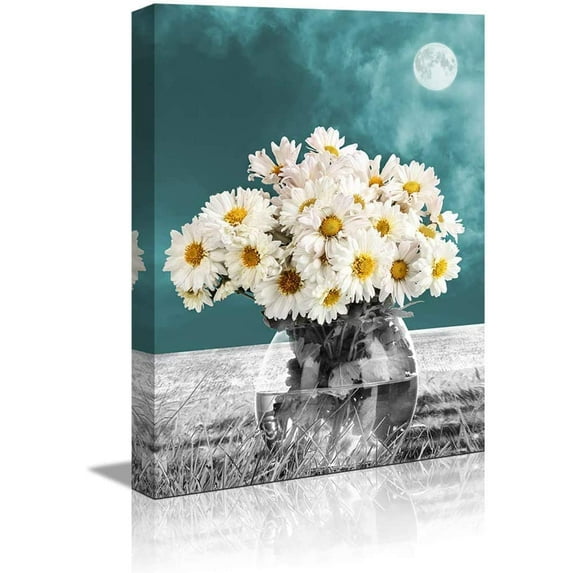 bathroom decor wall art Blue moon grass Daisy flowers wall art for bedroom Wall decor for Home kitchen Office Modern Floral Canvas Artwork Vase Picture on Canvas wooden Ready to Hang