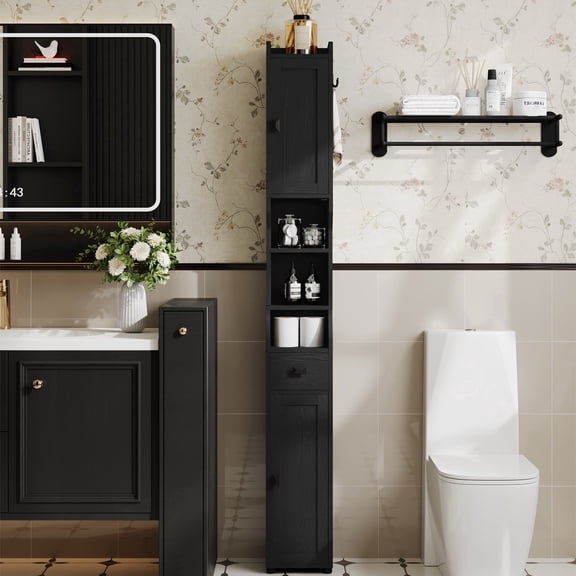 Hzuaneri Bathroom Storage Cabinet, 70.8" Tall Narrow Freestanding Floor Organizer with 2 Doors, 1 Drawer, Adjustable Shelves & 1 Hook for Small Spaces, Black