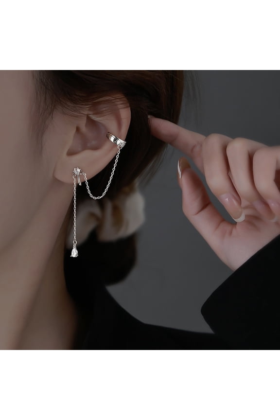 1 Pair Ear Cuffs Personality Long Chian Without Piercing Inlaid Rhinestone Long Tassel Clip Earrings Jewelry Accessory