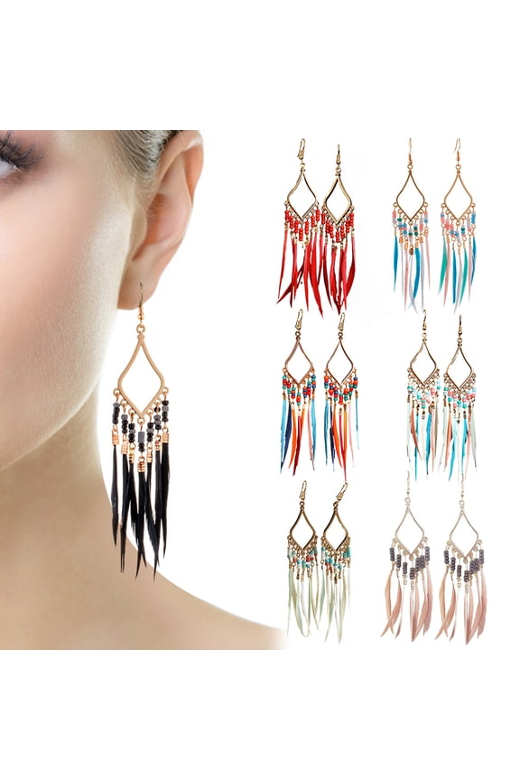 1 Pair Retro Bohemia Women Hook Earrings Beads Feather Tassel Geometric Drop Earrings Palace Style Dangle Earrings Jewelry Gift