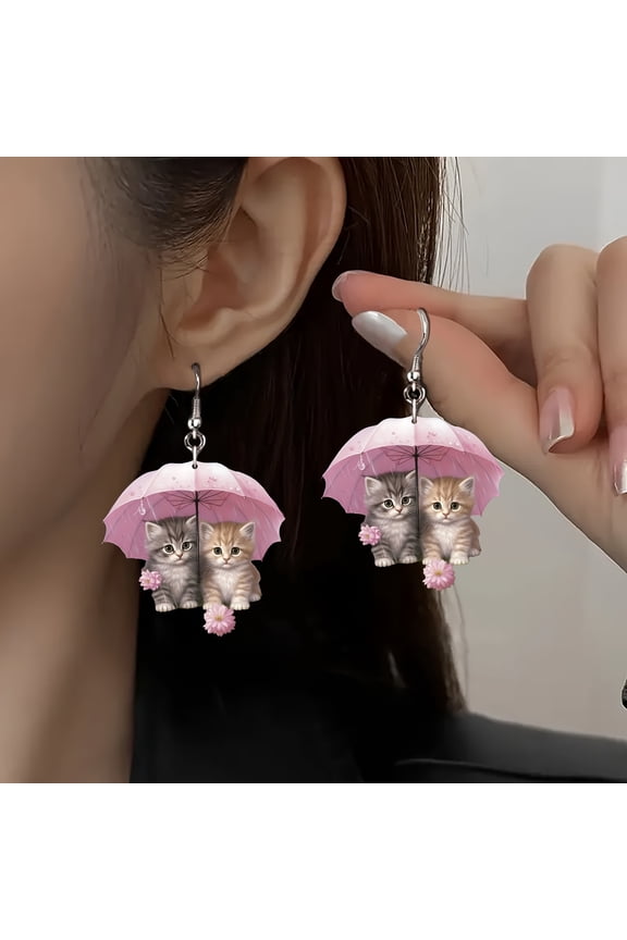 1 Pair Women Earrings 2D Cat Under Umbrella Shape Acrylic Sweet Style Hanging Earrings Gift for Animal Lovers Dating Daily Party Hook Earrings