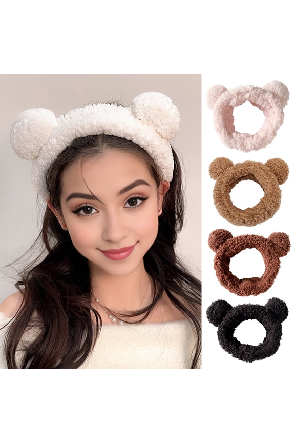 2Pcs Hair Hoop Plush Bear Ears Decor Headband Cartoon Animal Skincare Headband Washing Face Makeup Elastic Hair Band