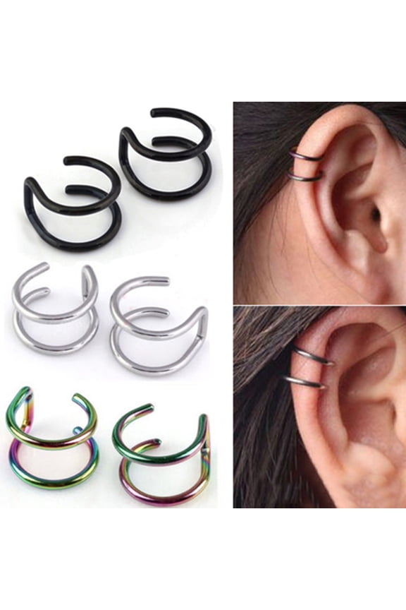 Ear Clip Cuff Cool Non Pierced Stainless Steel 2-row Fake Cartilage Earrings for Bar