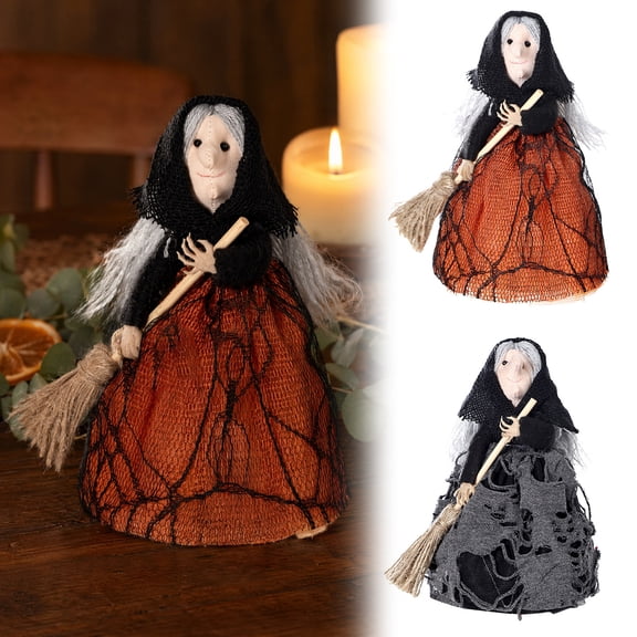 batmeuy Halloween Kitchen Witch Doll, Small Witch Statue with Broom, Tabletop Party Decoration for Table Fireplace Holiday Home Decor