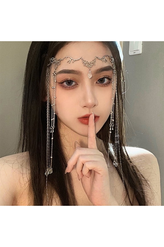 Waterdrop Long Tassel Pendant Forehead Chain Rhinestone Handmade Retro Head Chain Hair Accessories