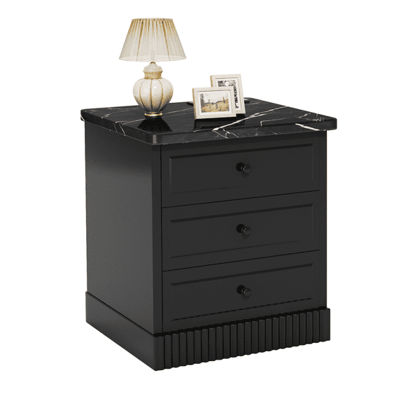 baxluxe 3-Drawer Nightstand with Marble Texture Tabletop, Classic Bedside Storage Table with Fluted Base for Bedroom