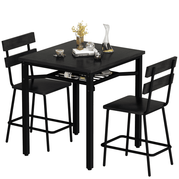 baxluxe 3-Piece Kitchen Counter Height Breakfast Nook Table with 2 Bar Stools Storage Rack, Wood Tabletop Metal Frame Small Space Dining Furniture