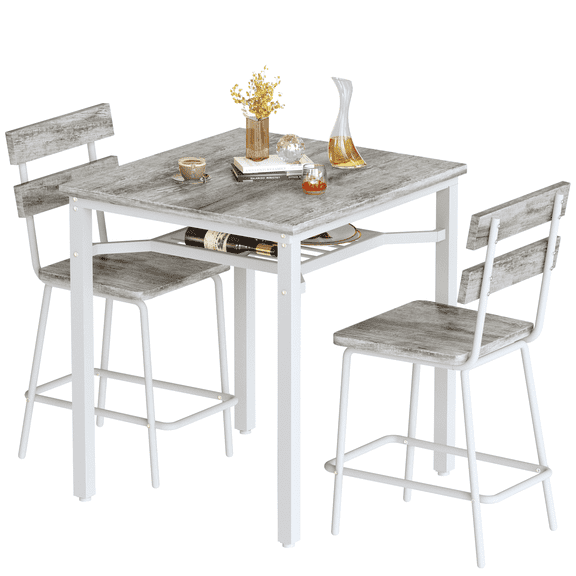 baxluxe 3-Piece Kitchen Counter Height Breakfast Nook Table with 2 Bar Stools Storage Rack, Wood Tabletop Metal Frame Small Space Dining Furniture