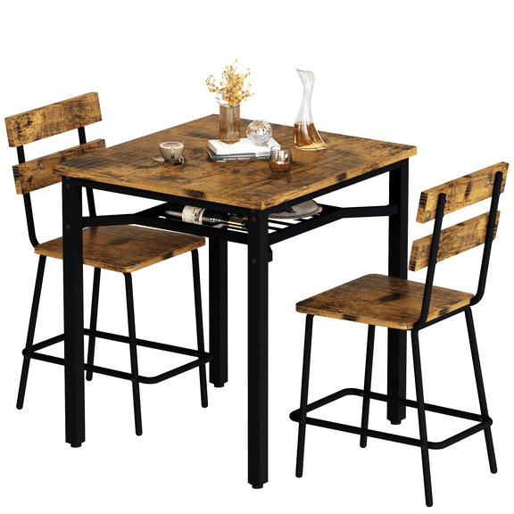 baxluxe 3-Piece Kitchen Counter Height Breakfast Nook Table with 2 Bar Stools Storage Rack, Wood Tabletop Metal Frame Small Space Dining Furniture
