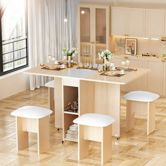 baxluxe Foldable Dining Table Set, 4-Person Kitchen Dining Table Set with Storage Shelf and Casters, Space-Saving Dining Table Set, Beige