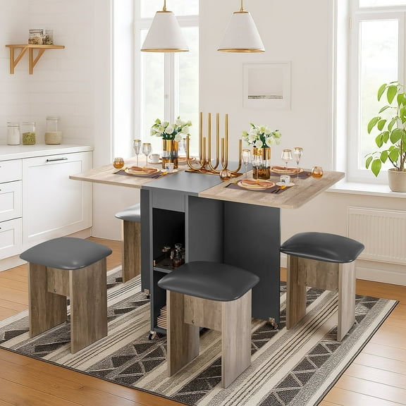 baxluxe Foldable Dining Table Set, 4-Person Kitchen Dining Table Set with Storage Shelf and Casters, Space-Saving Dining Table Set,Grey