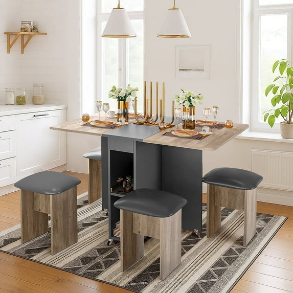 baxluxe Foldable Dining Table Set, 4-Person Kitchen Dining Table Set with Storage Shelf and Casters, Space-Saving Dining Table Set,Grey