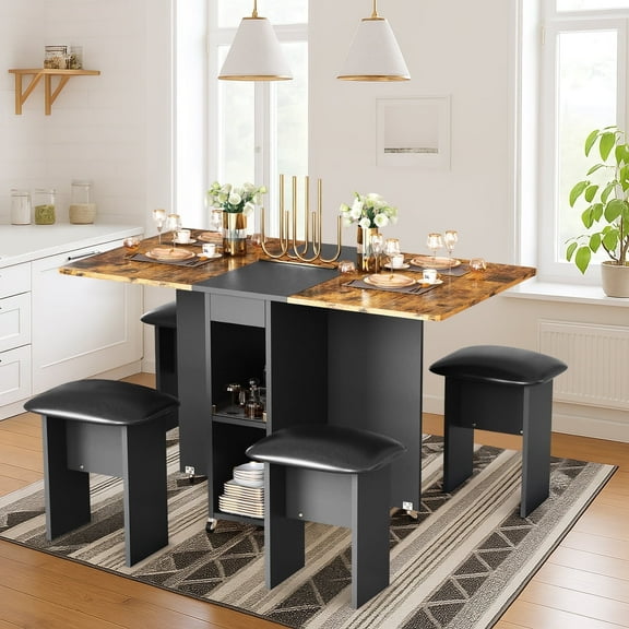 baxluxe Foldable Dining Table Set, 4-Person Kitchen Dining Table Set with Storage Shelf and Casters, Space-Saving Dining Table Set, Retro brown/black