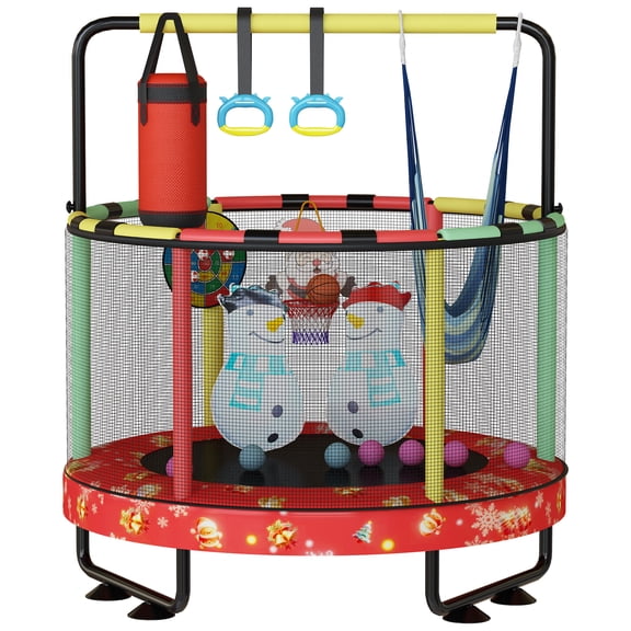 baxluxe Indoor Kids Christmas Trampoline with Safety Enclosure, Multi-Activity Toddler Bounce Bed with Toy Accessories