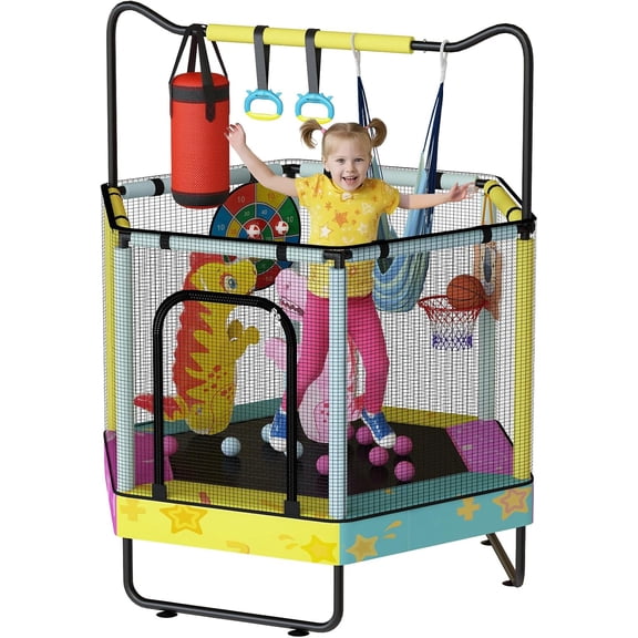 baxluxe Indoor Kids Trampoline with Safety Enclosure Net, Multi-Function Toddler Bounce Bed with Toy Arch & Basketball Hoop