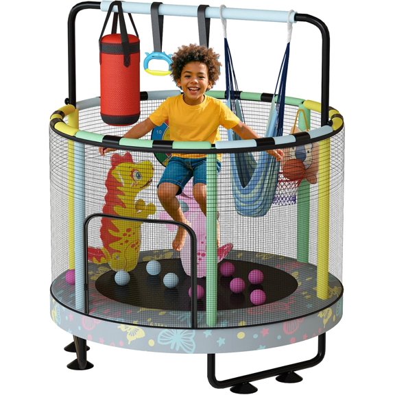 baxluxe Indoor Kids Trampoline with Safety Enclosure Net, Multi-Function Toddler Bounce Bed with Toy Arch & Basketball Hoop
