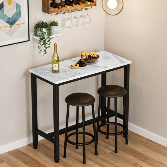 baxluxe Marble Texture Rectangular Bar Table with 2 Round Padded Bar Stools, Modern Counter Height Bar Set for Kitchen & Dining Room
