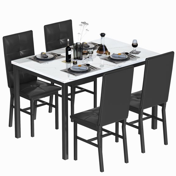 baxluxe Marble Texture Rectangular Dining Table Set with 4 Upholstered Chairs, Modern Kitchen Dining Furniture for 4 People