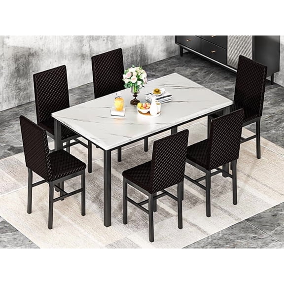 baxluxe Marble Texture Rectangular Dining Table Set with 6 Diamond Pattern Backrest Chairs, Modern Kitchen Dining Furniture for 6 People