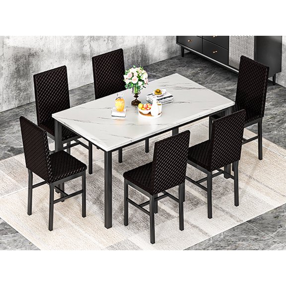 baxluxe Marble Texture Rectangular Dining Table Set with 6 Diamond Pattern Backrest Chairs, Modern Kitchen Dining Furniture for 6 People