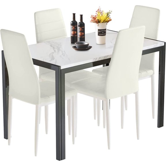 baxluxe Modern Rectangular Marble Look Dining Table with 4 Upholstered Chairs, 5-Piece Kitchen Dining Set for 4 People