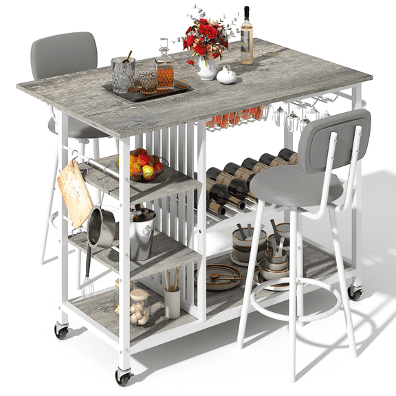 baxluxe Rolling Kitchen Bar Table with Wine Rack & Storage Shelves, Mobile Kitchen Island Cart with 2 Upholstered Bar Stools