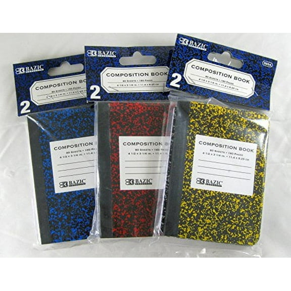 bazic 3 pk, mini marble composition book, 4.5 x 3.25 inch, (2 per pack)