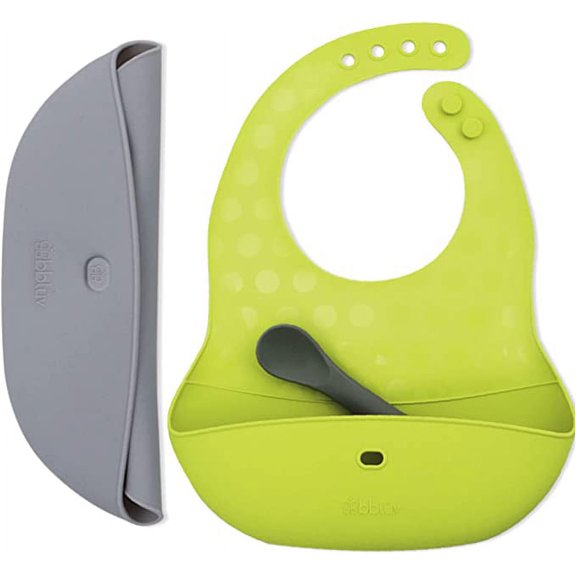 bblüv - Pöket – Silicone Toddler Baby Bibs for Eating - Soft Adjustable Waterproof Travel Feeding Bibs with Food Catcher, Includes Baby Spoon, Unisex for Boy or Girl, Pack of 2, (Lime/Gray)
