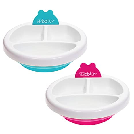 bblv - Plat - Warming Feeding Plate - 3 Compartments with Suction Base for Baby to Toddler (Pink/Aqua) - BPA and Phthalate Free